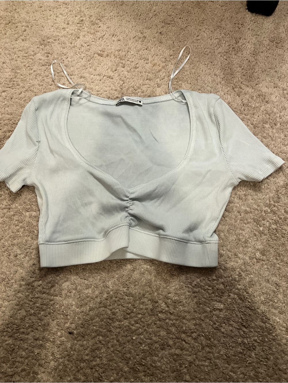 Zara Light Blue Ribbed Cropped V-Neck Top